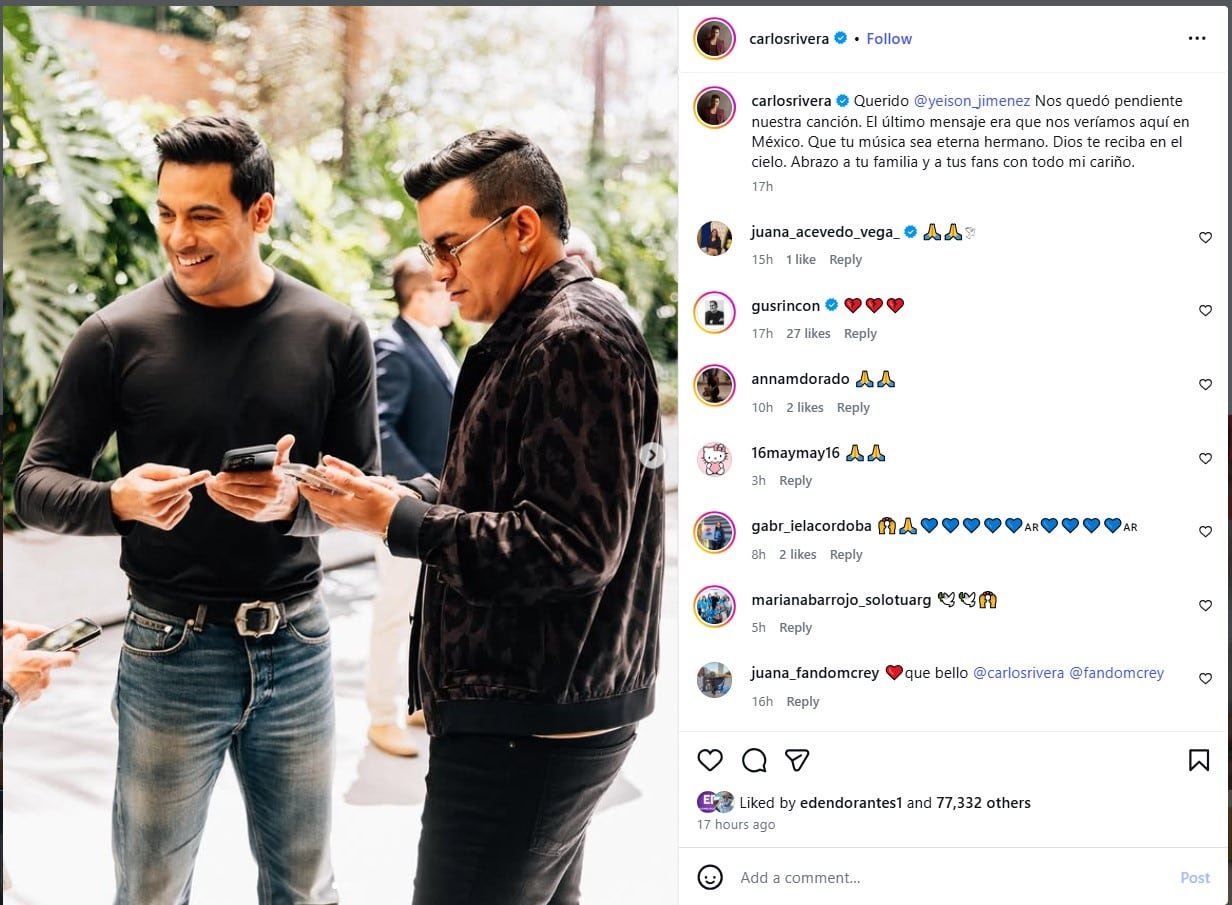Carlos Rivera lamentó públicamente no haber grabado una canción con Yeison Jiménez, resaltando la colaboración inconclusa entre ambos artistas (IG)