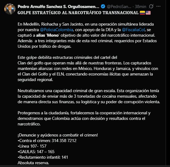 Ministro de Defensa se refirió a las capturas de los presuntos delincuentes - crédito @PedroSánchezCol/X