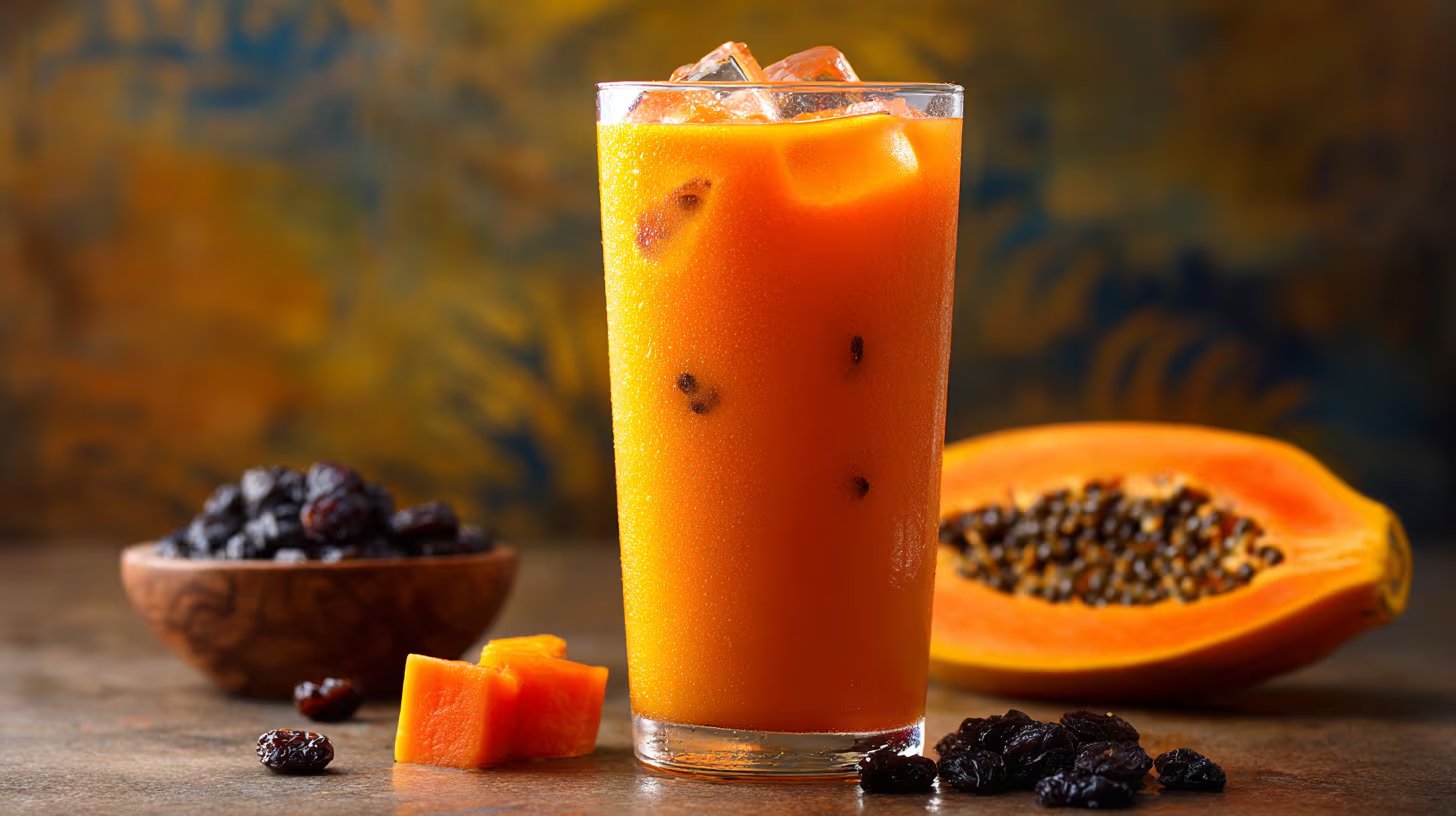 Vaso de licuado espeso de papaya y ciruela pasa, ideal para favorecer la digestión y disfrutar de un sabor suave y dulce. – (Imagen Ilustrativa Infobae)
