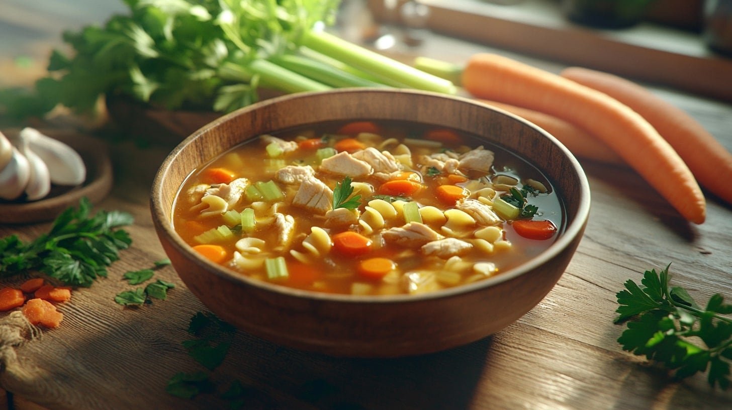 Sopa de pollo con fideos recién hecha en casa, con caldo dorado, vegetales frescos y un toque de tradición. - (Imagen Ilustrativa Infobae)