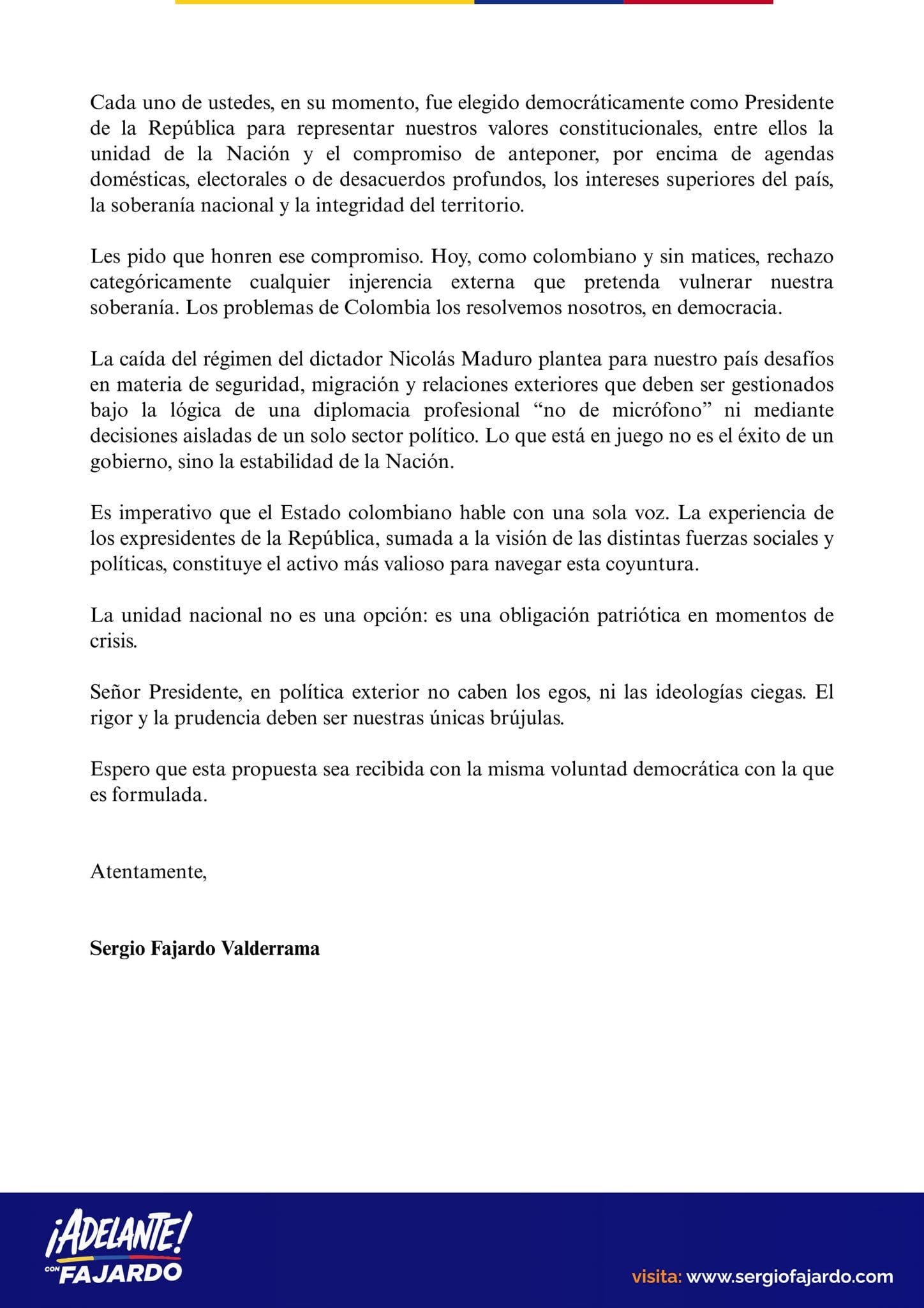 Fajardo rechaza cualquier injerencia externa y defiende que los problemas de Colombia deben resolverse democráticamente y sin intervención extranjera - crédito @sergio_fajardo / X