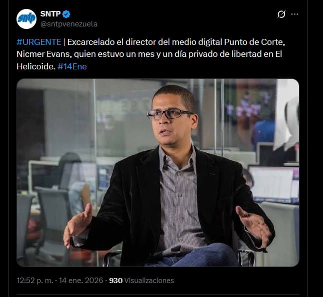 Excarcelado el director del medio digital Punto de Corte, Nicmer Evans, quien estuvo un mes y un día privado de libertad en El Helicoide