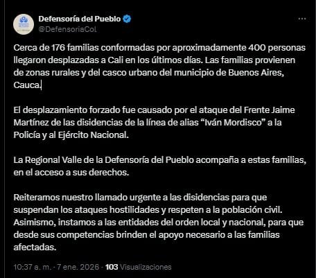 Defensoría del pueblo sobre desplazamiento en el Cauca - Cali es el epicentro de cientos de víctimas - crédito @DefensoriaCol/X