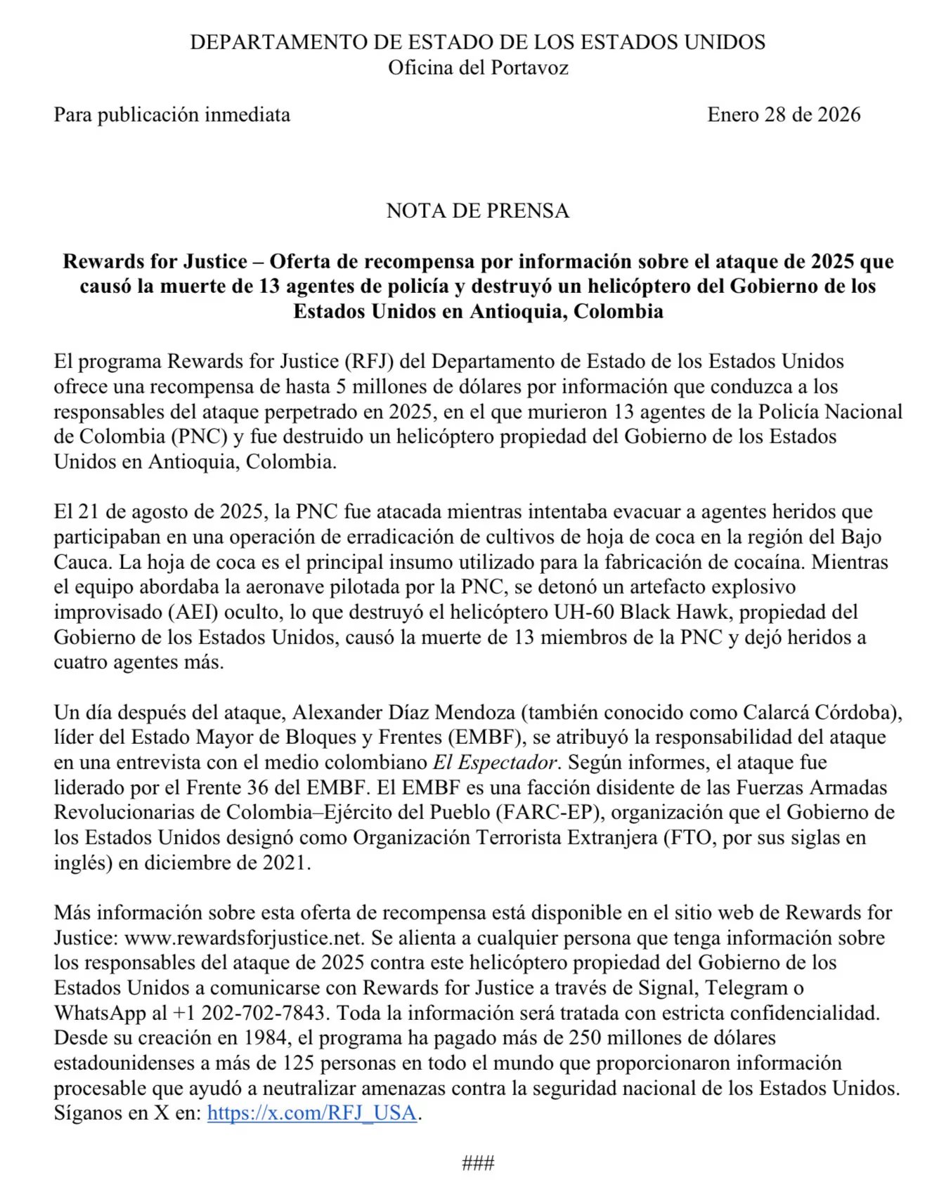 Este es el documento oficial en el que se señala por parte del gobierno norteamericano a alias Calarcá como el responsable de liderar el atentado terrorista que cobró la vida de 13 uniformados - crédito Departamento de Estado - Estados Unidos