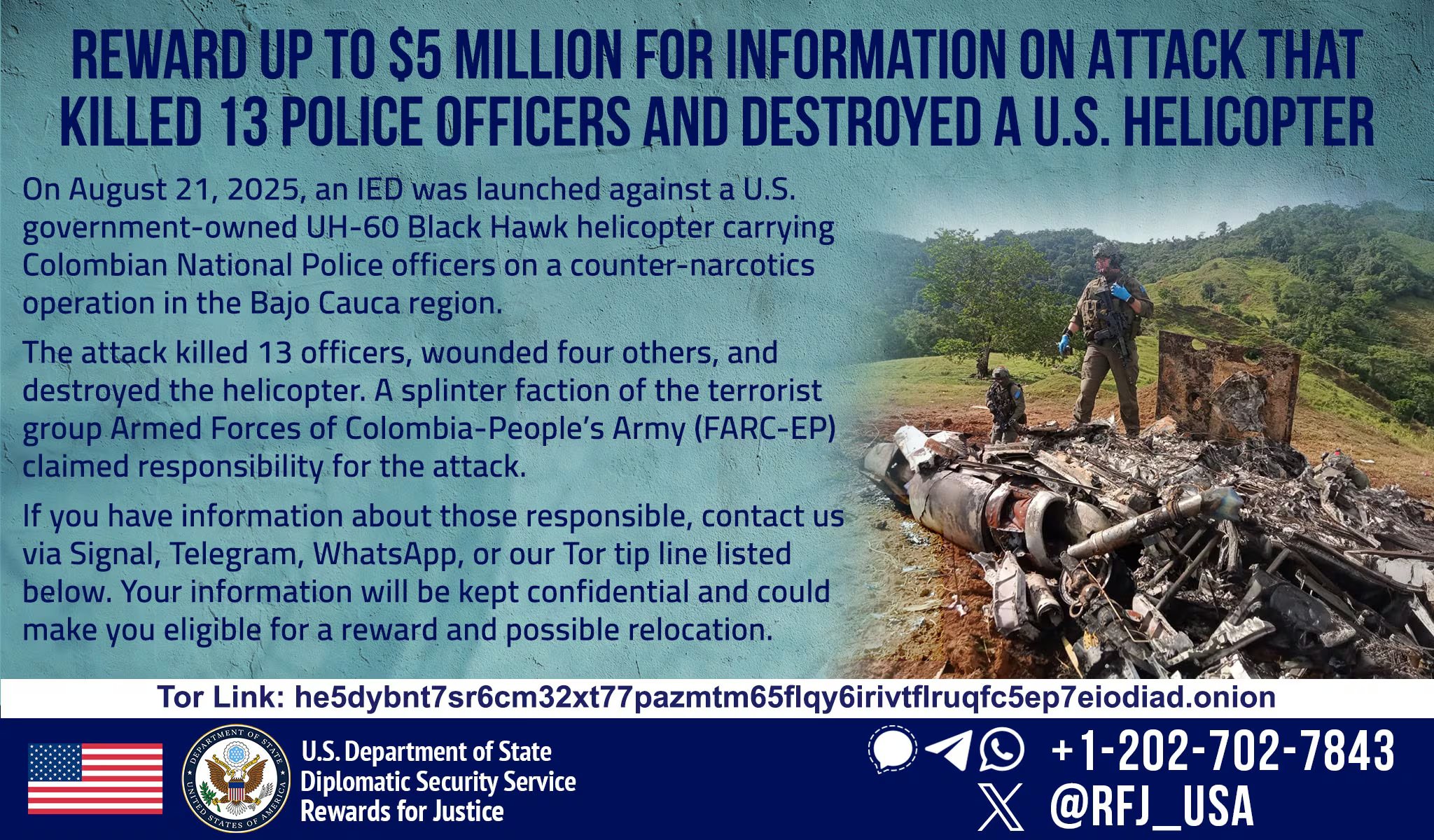 Este es el aviso del pago de recompensa por parte del gobierno de los EE. UU., en cabeza de Donald Trump- crédito @RFJ_USA/X