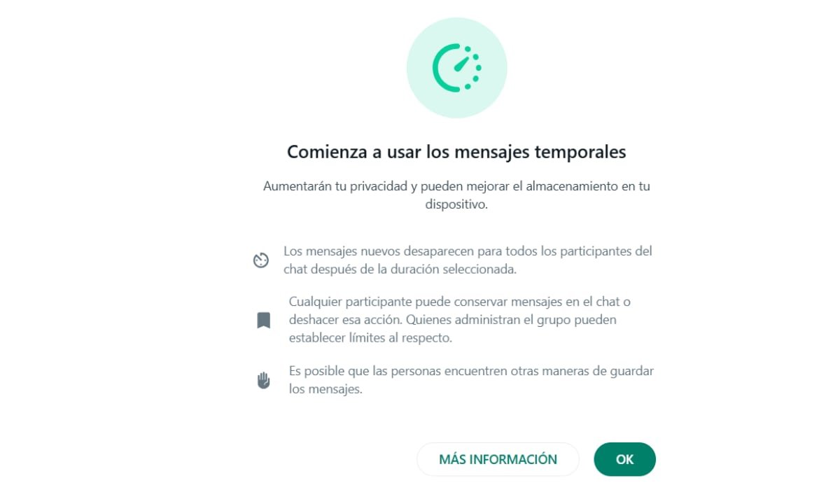 Los mensajes temporales hacen que el contenido de las conversaciones se borren al cabo de cierto tiempo. (WhatsApp)
