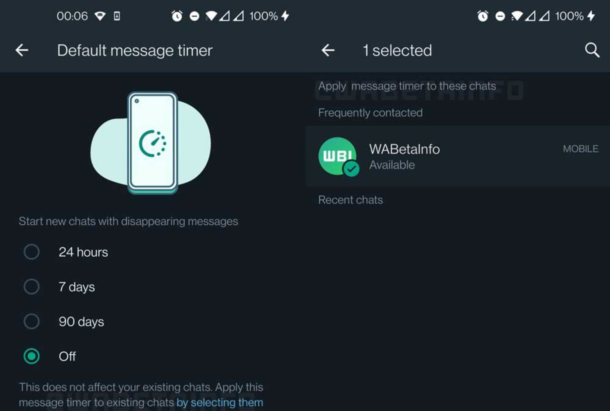 Nueva función para mensajes temporales. (foto: WABetaInfo)
