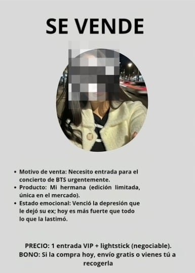Fanáticos elaboran anuncios ficticios en tono humorístico, como este aviso donde se “vende” a una hermana a cambio de una entrada VIP y lightstick.