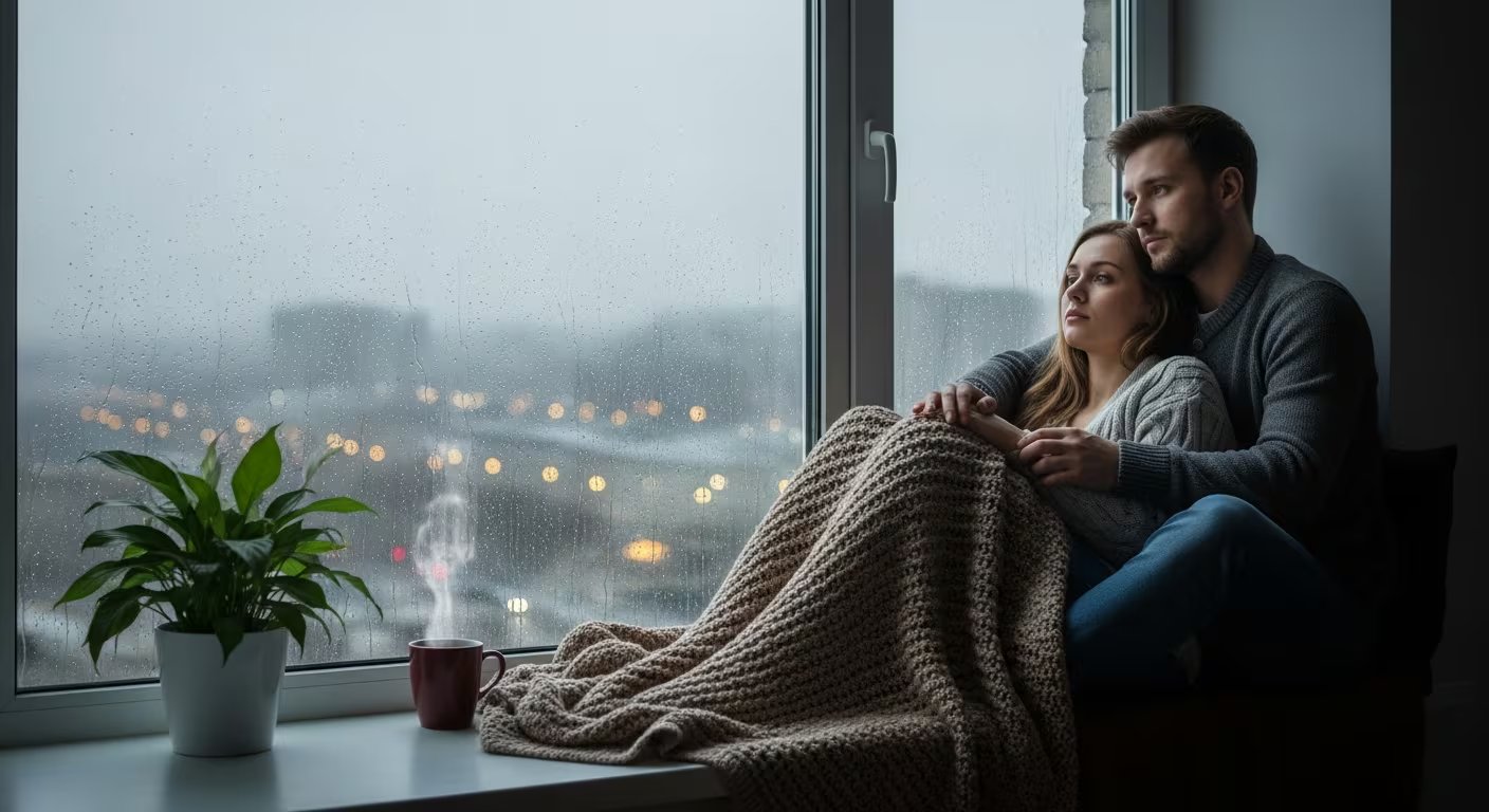 Una pareja joven, abrigada con un suéter y manta, observa pensativa desde la ventana una ciudad bajo la lluvia. El ambiente acogedor se completa con una planta y una taza de café caliente, evocando tranquilidad y reflexión en un día lluvioso. (Imagen Ilustrativa Infobae)