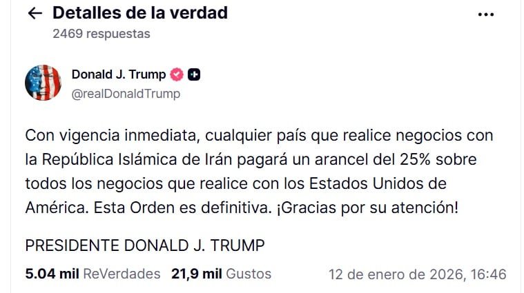 Donald Trump, presidente de Estados Unidos, anunció nuevos aranceles para los países que tengan vínculos comerciales con Irán - crédito @RealDonaldTrump/truthsocial