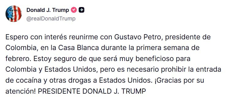 El presidente Donald Trump informó sobre la reunión que tendrá con el presidente Gustavo Petro - crédito @realDonaldTrump/Truth Social