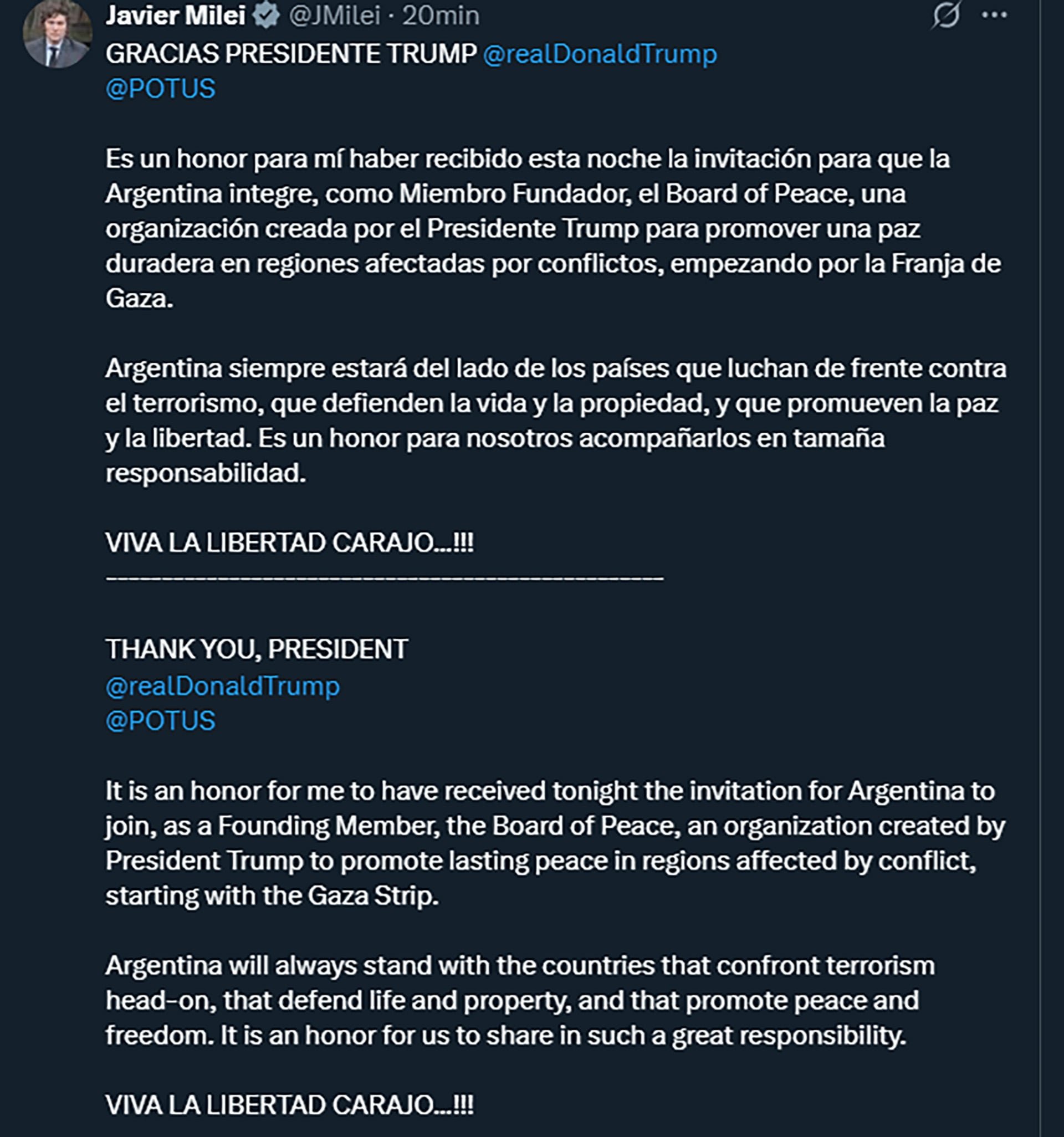 El tuit de Javier Milei donde confirmó la invitación