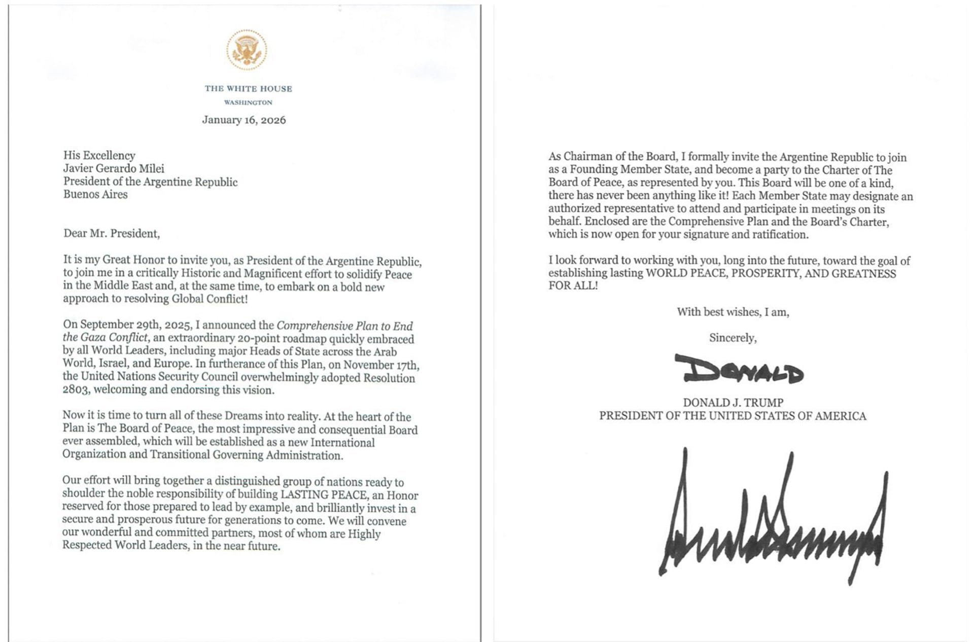 La carta de invitación que envió Donald Trump a Javier Milei