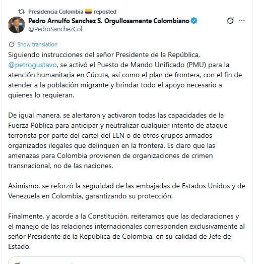 Ministro de Defensa Pedro Sánchez habló de bombardeos en Caracas por Estados Unidos - crédito X