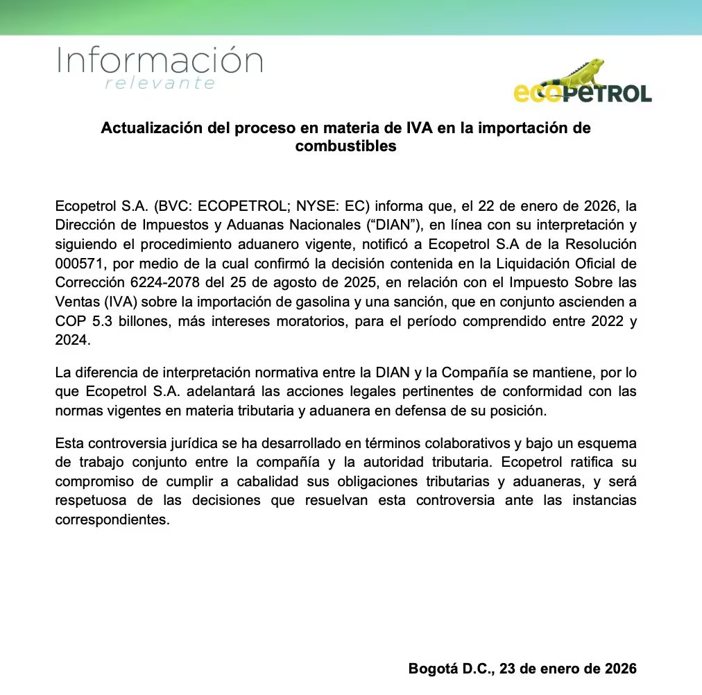 La disputa entre Ecopetrol y la Dian se centra en la interpretación del IVA del 19% aplicado a las importaciones de combustibles- crédito Ecopetrol