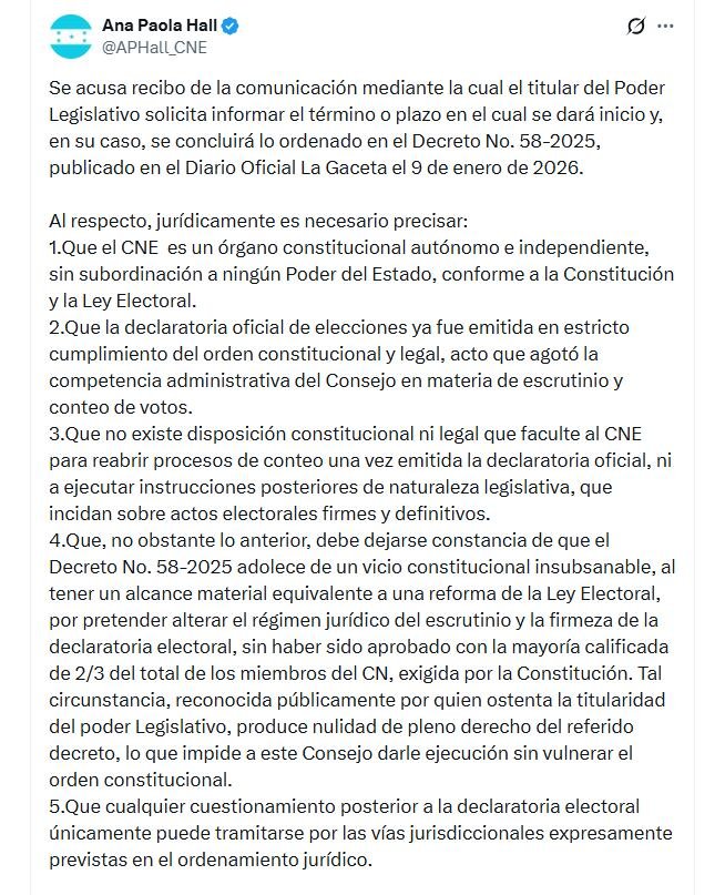 El mensaje de la presidenta del CNE de Honduras, Ana Paola Hall, en sus redes sociales