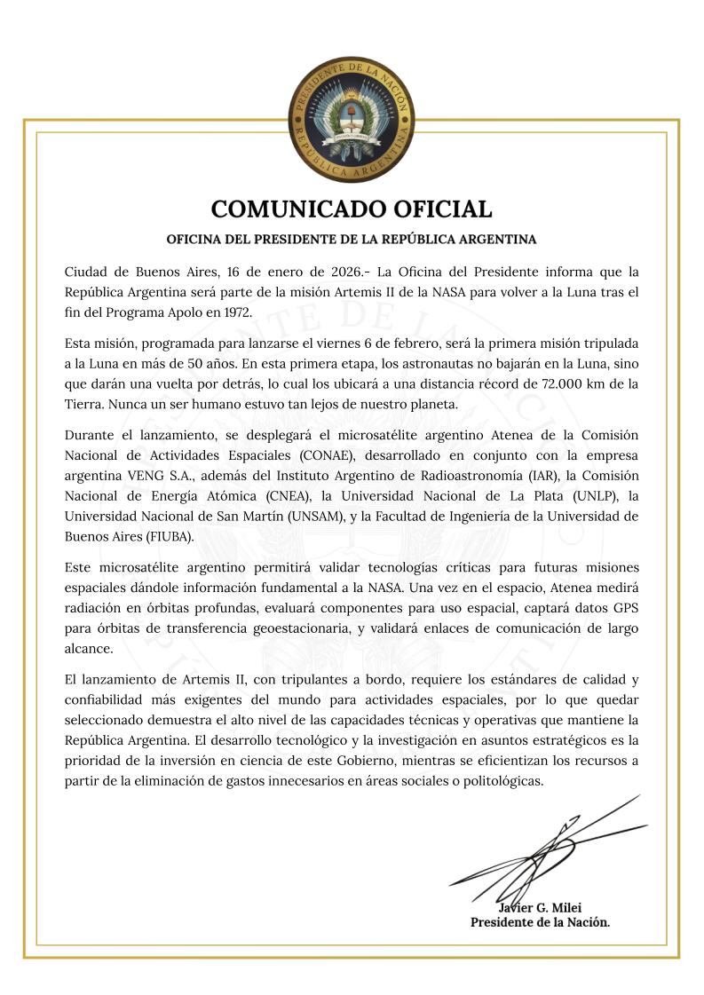 El comunicado de la Oficina del Presidente de la República Argentina que informa que será parte de la misión Artemis II de la NASA
