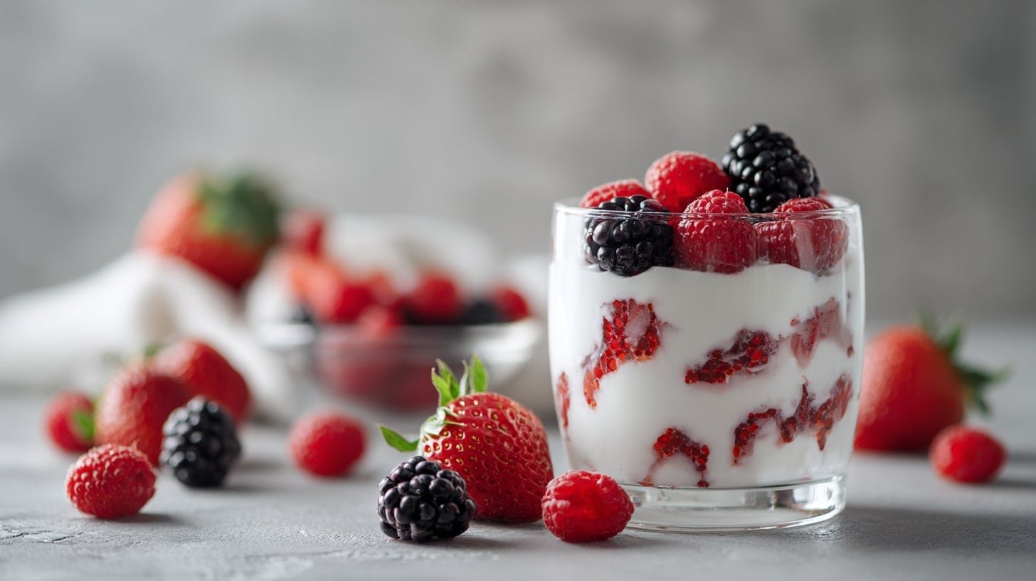Vaso con capas de yogurt y frutos rojos frescos como fresa, frambuesa y mora, postre ligero y natural. - (Imagen Ilustrativa Infobae)
