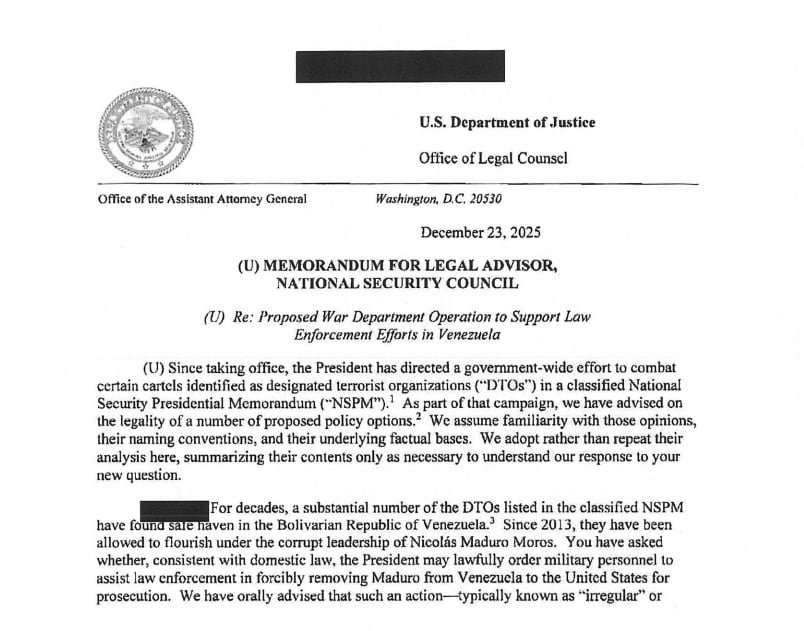 El memorando del Departamento de Justicia de Estados Unidos detalla la legalidad de una intervención militar para capturar a Nicolás Maduro en Venezuela