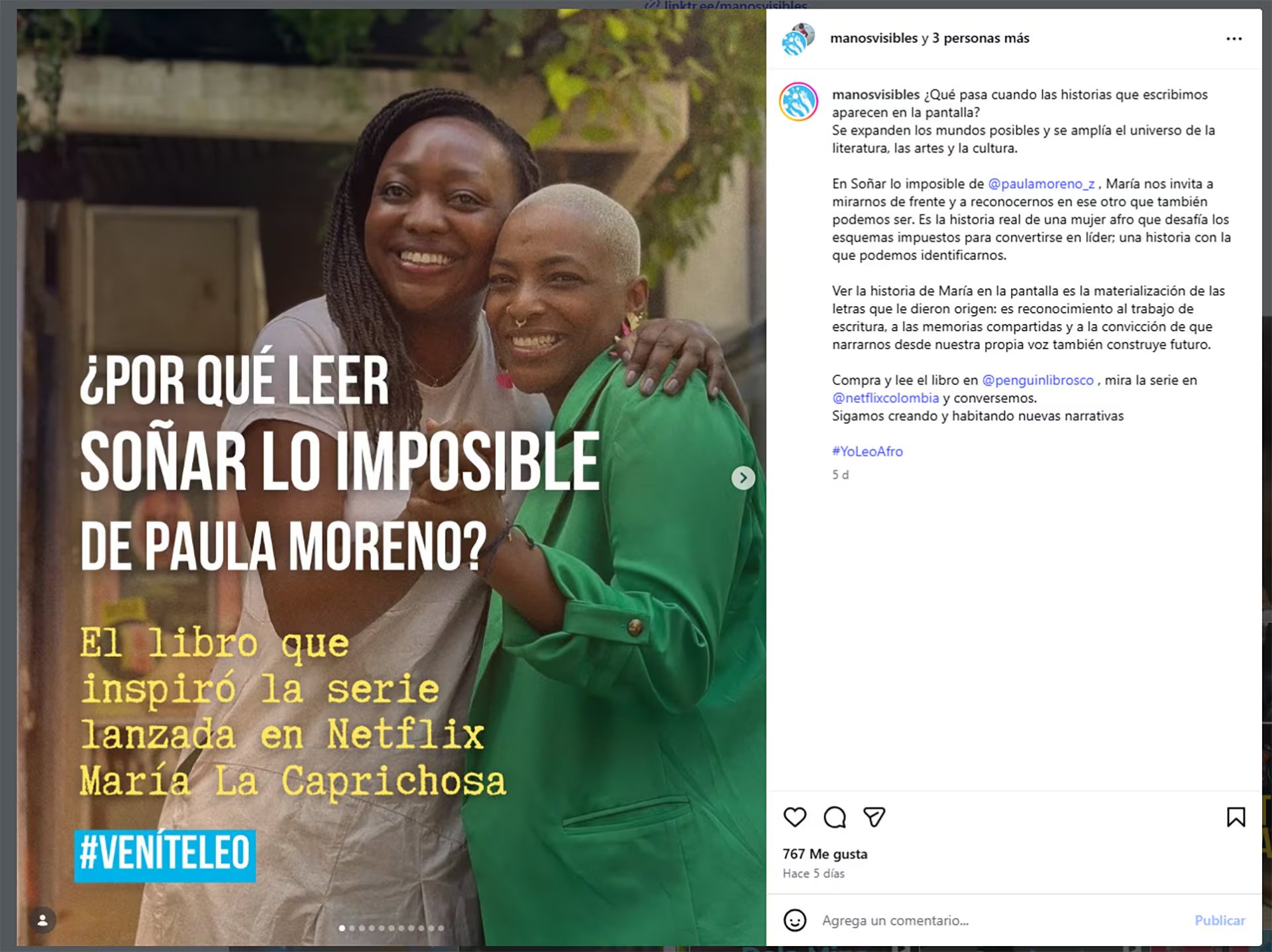 La María Roa de la vida real y Paula Moreno juntas y abrazadas en un posteo de la fundación Manos Visibles que dirige la autora del libro que inspiró la serie