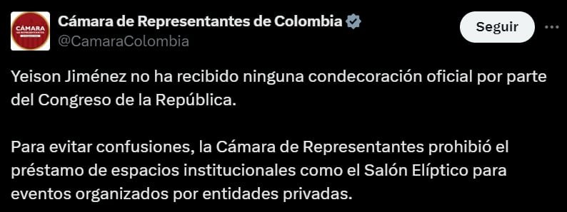 Tras el caso, la Cámara de Representantes anunció que no permitiría nuevos préstamos de espacios institucionales para eventos privados - crédito @CamaraColombia/X