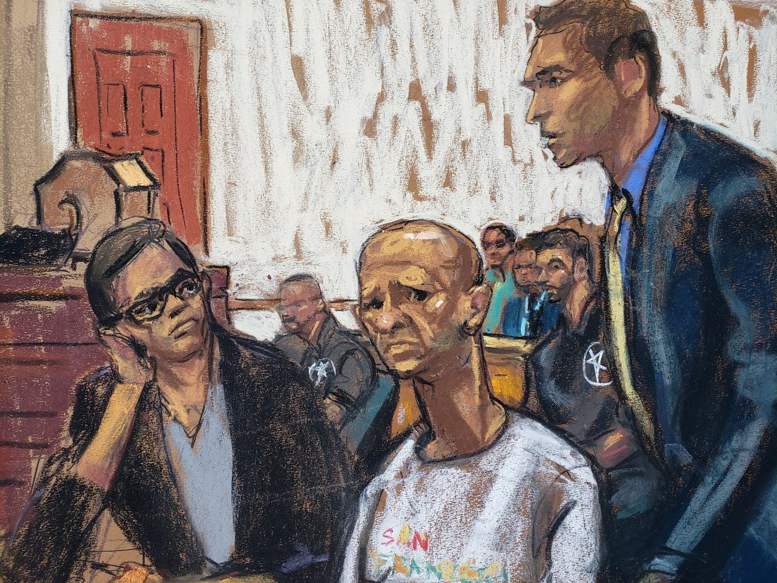 Former Venezuelan intelligence chief Hugo Carvajal appears at the Manhattan Federal Court with his lawyer, Zachary Margulis-Ohnuma next to him, for a hearing over the U.S. drug trafficking charges on him, following his extradition from Spain, in New York, U.S., July 20, 2023 in this courtroom sketch. REUTERS/Jane Rosenberg