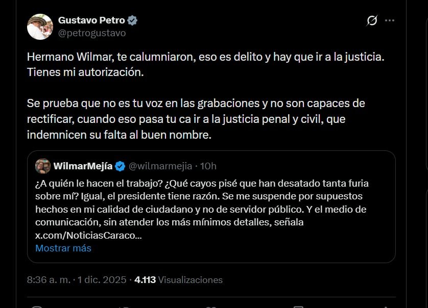 El presidente pidió a Wilmar Mejía emprender acciones legales - crédito red social X