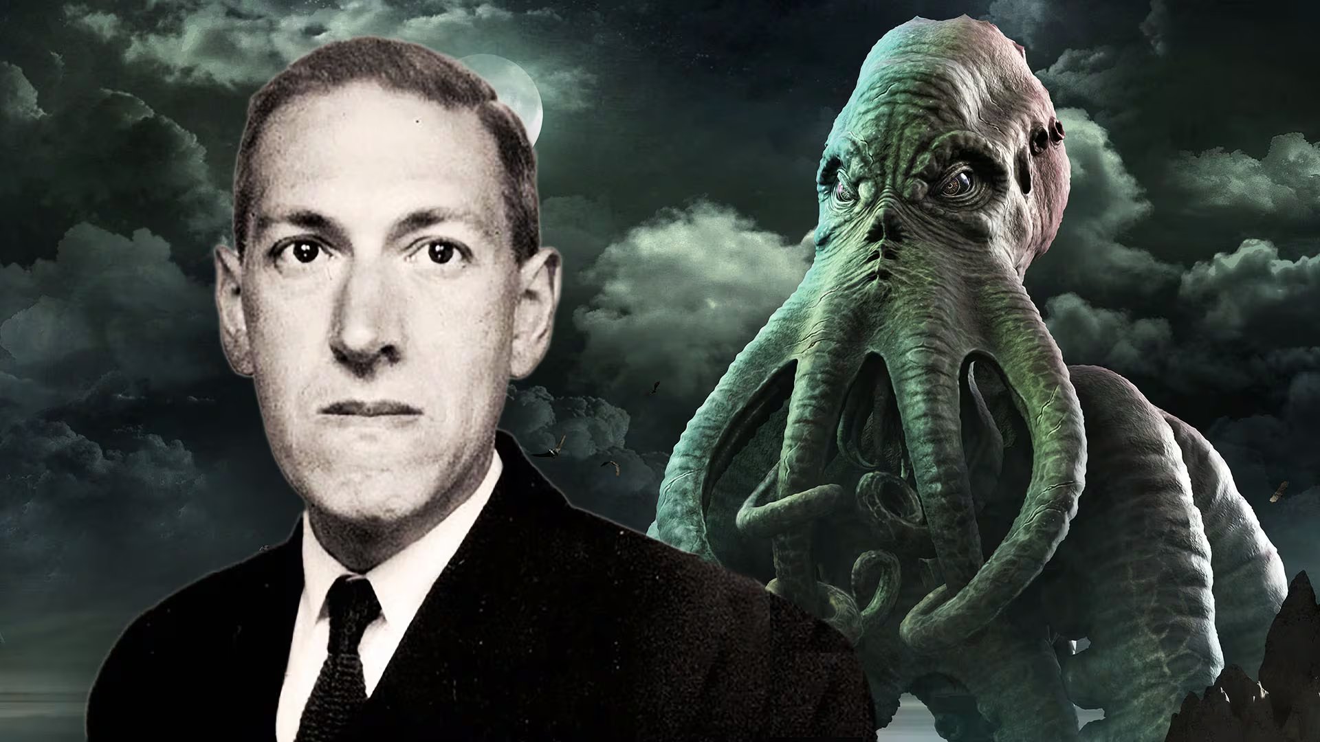 El escritor H. P. Lovecraft, junto a una de sus creaciones más conocidas, el dios Cthulhu.