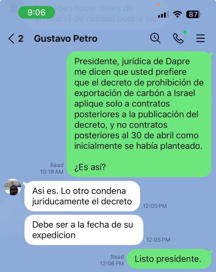 Luis Carlos Reyes reveló un diálogo privado que reabre la polémica sobre las exportaciones de carbón colombiano a Israel - crédito @luiscrh/X