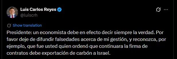 La disputa entre Gustavo Petro y el exdirector de la Dian se centra en la autorización para mantener contratos existentes de exportación de carbón a Israel - crédito @luiscrh/X