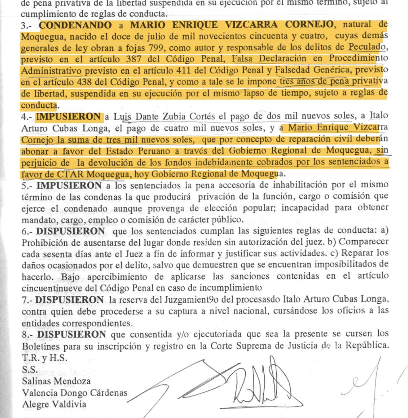 Sentencia condenatoria contra Mario Vizcarra por peculado, falsedad generérica y falsa declaración.