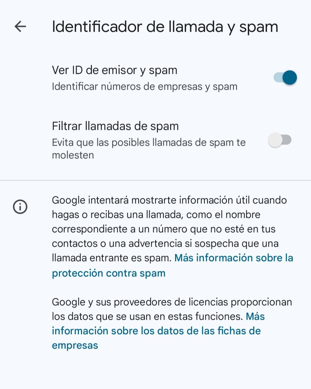 El filtrado de llamadas spam puede activarse o desactivarse desde el menú de configuración de la aplicación Teléfono. (Foto: captura)