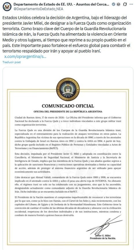 Estados Unidos respaldó la decisión del gobierno argentino de declarar organización terrorista a la Fuerza Quds por su vinculación con el terrorismo respaldado por Irán