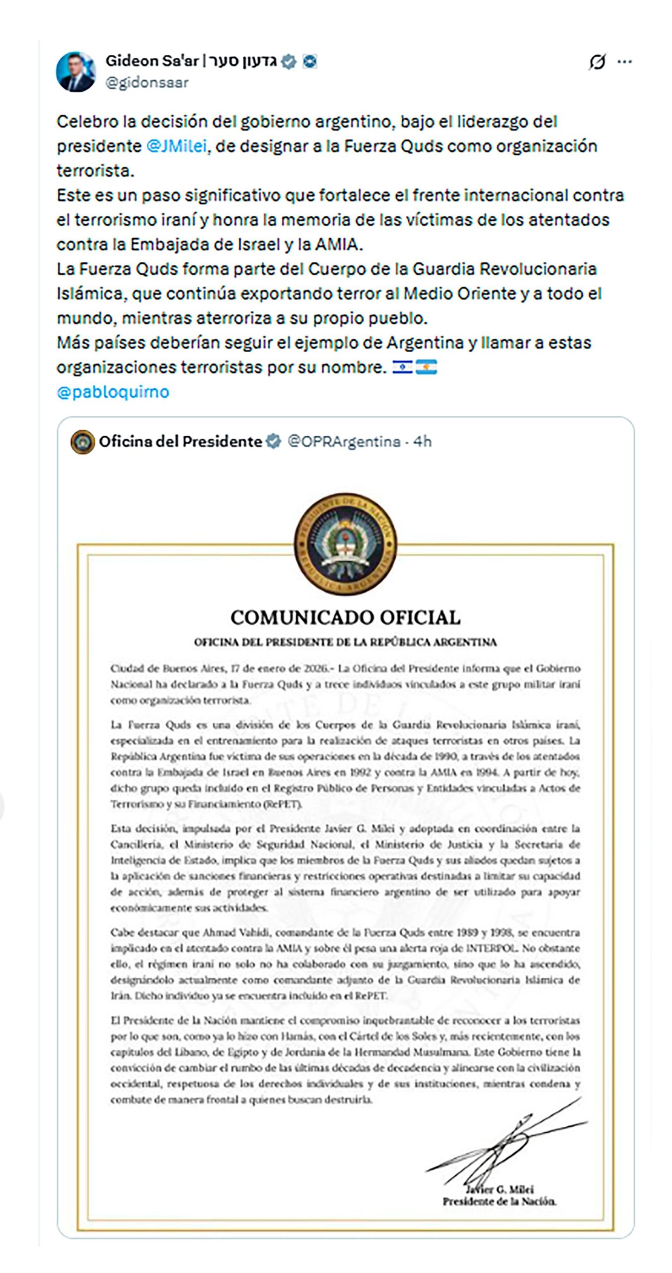 Israel también celebró la medida argentina y llamó a otros países a seguir el ejemplo para confrontar el terrorismo vinculado a la Guardia Revolucionaria Islámica de Irán