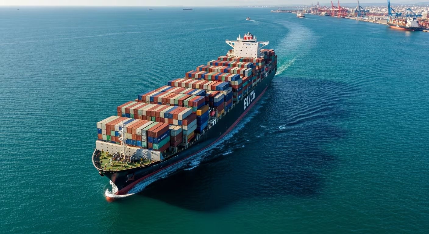 Vista aérea de un gran buque portacontenedores cargado de mercancías, navegando hacia mar abierto tras salir de un puerto industrial. La imagen resalta la magnitud del comercio marítimo y la logística global en el transporte de bienes. (Imagen Ilustrativa Infobae)