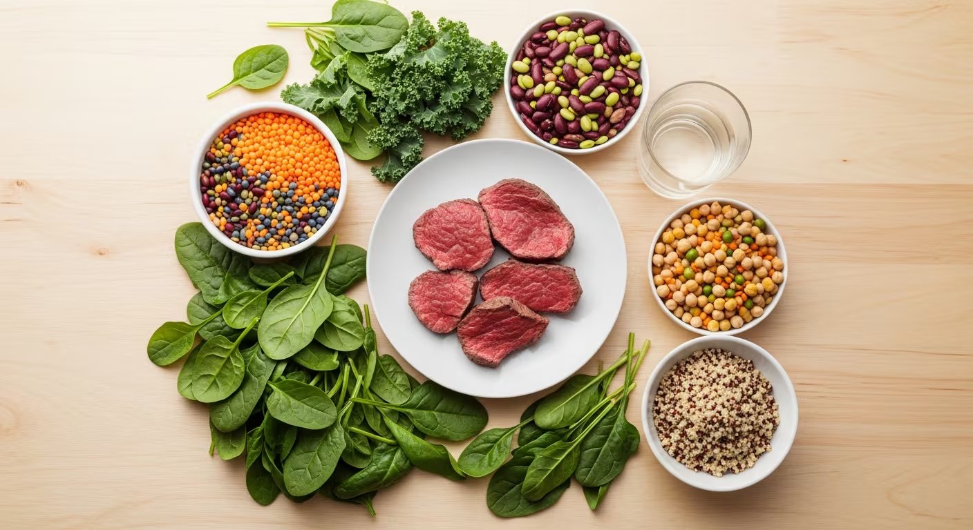 Plato central con filetes de carne acompañado por espinacas frescas, kale, legumbres variadas, quinua y un vaso de agua. La imagen destaca diversas fuentes de proteínas, tanto de origen animal como vegetal, promoviendo la importancia de una dieta equilibrada. (Imagen Ilustrativa Infobae)
