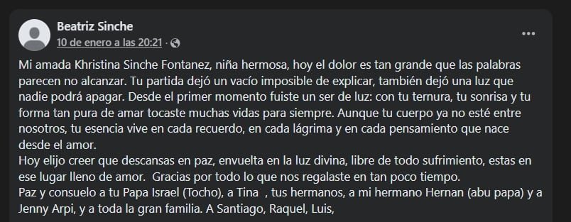 Los familiares de la joven de ascendencia ecuatoriana han compartido mensajes en redes en los que piden ayuda para lograr la meta de recolección de recursos para solventar los gastos médicos - crédito Facebook