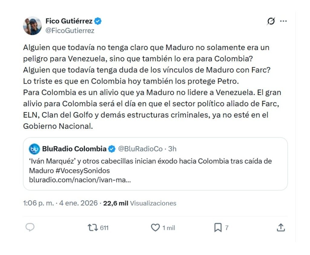 Con este mensaje en X, el alcalde de Medellín, Fico Gutiérrez, señaló los nexos entre las disidencias de las Farc y el régimen de Nicolás Maduro - crédito @FicoGutierrez/X