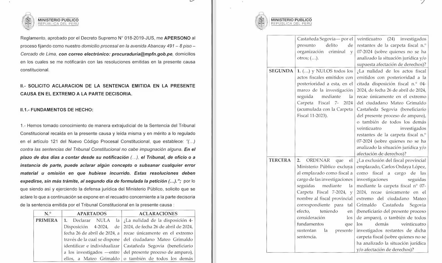 Fiscalía pide al TC aclarar sentencia
