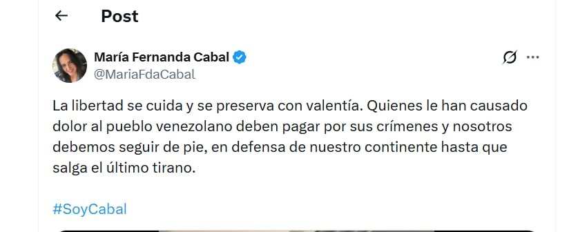 La senadora celebró la detención de Nicolás Maduro - crédito @@MariaFdaCabal/X