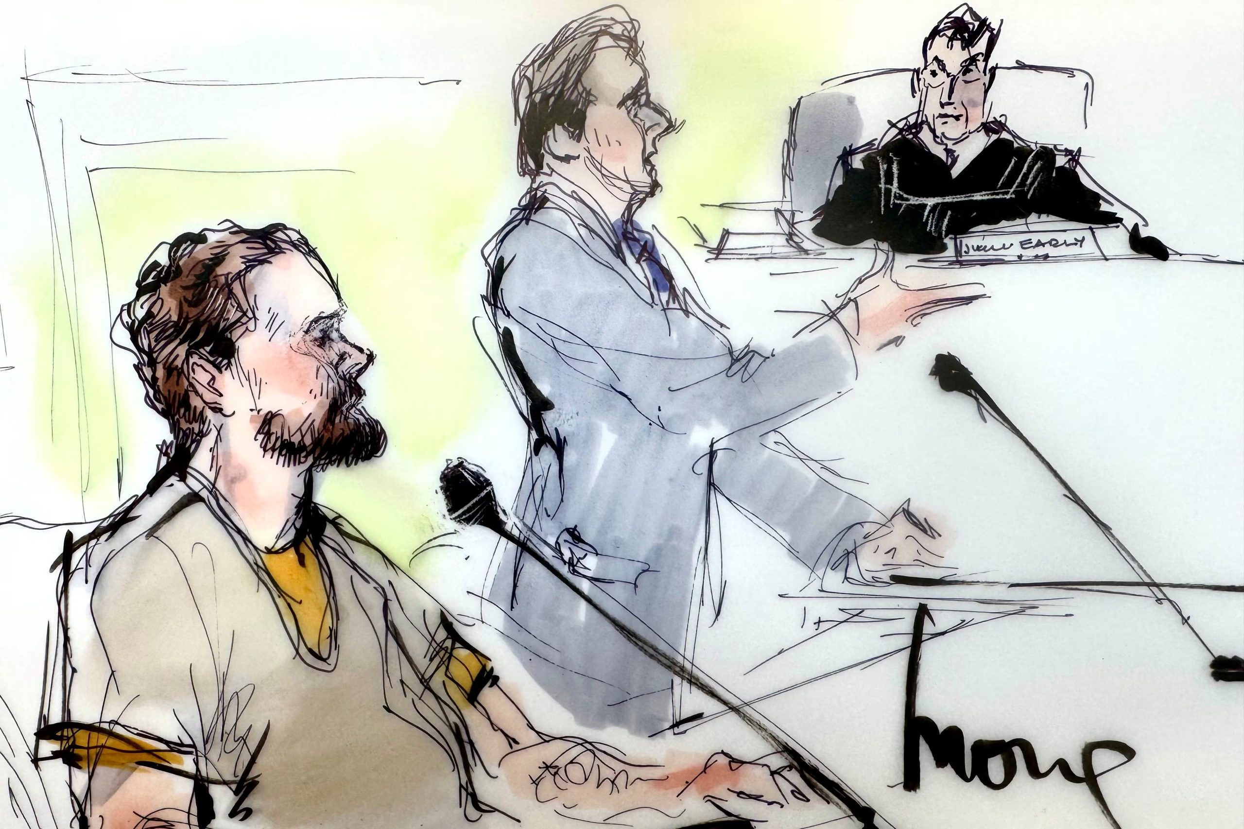 Ryan Wedding, exsnowboarder olímpico canadiense, asiste a una audiencia donde se declaró inocente de los cargos de convertirse en capo del narcotráfico, responsable de múltiples asesinatos relacionados con drogas, en un tribunal federal estadounidense en Santa Ana, California, EE. UU., el 26 de enero de 2026, en un sketch judicial. REUTERS/Mona Edwards. NO SE REVENTA. NO SE PUEDE ARCHIVAR.