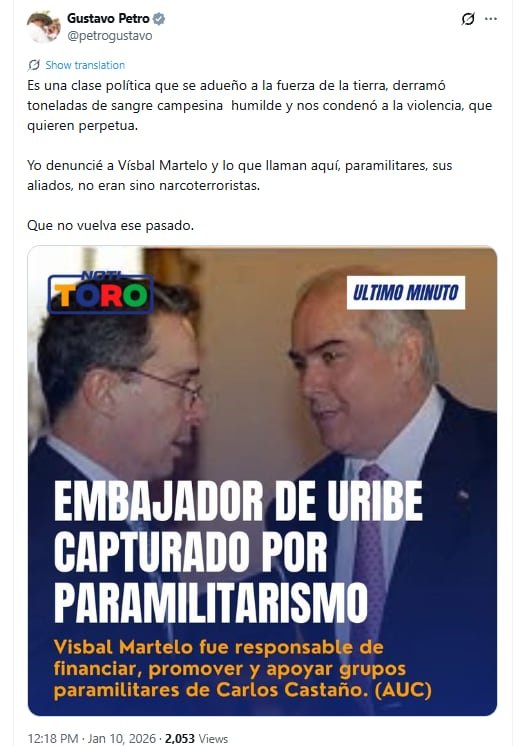 Gustavo Petro reaccionó a la captura dele expresidente de Fedegán - crédito petrogustavo/X