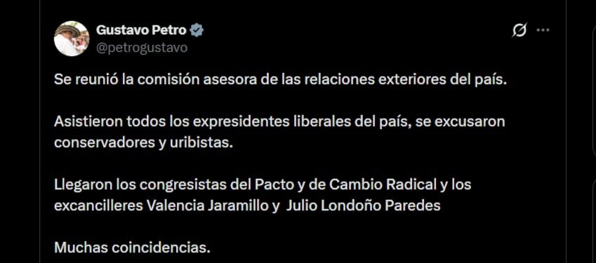 Gustavo Petro destacó la presencia de congresistas del Pacto Histórico y de Cambio Radical, así como los excancilleres de Colombia - crédito @petrogustavo/X