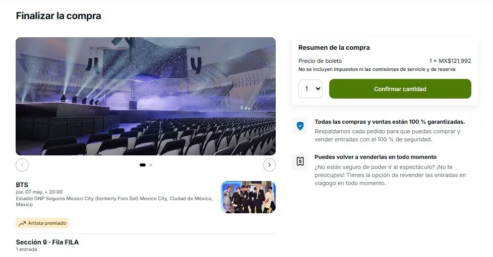 Sitios no oficiales comenzaron a revender tickets para BTS (Captura de pantalla/Viagogo)