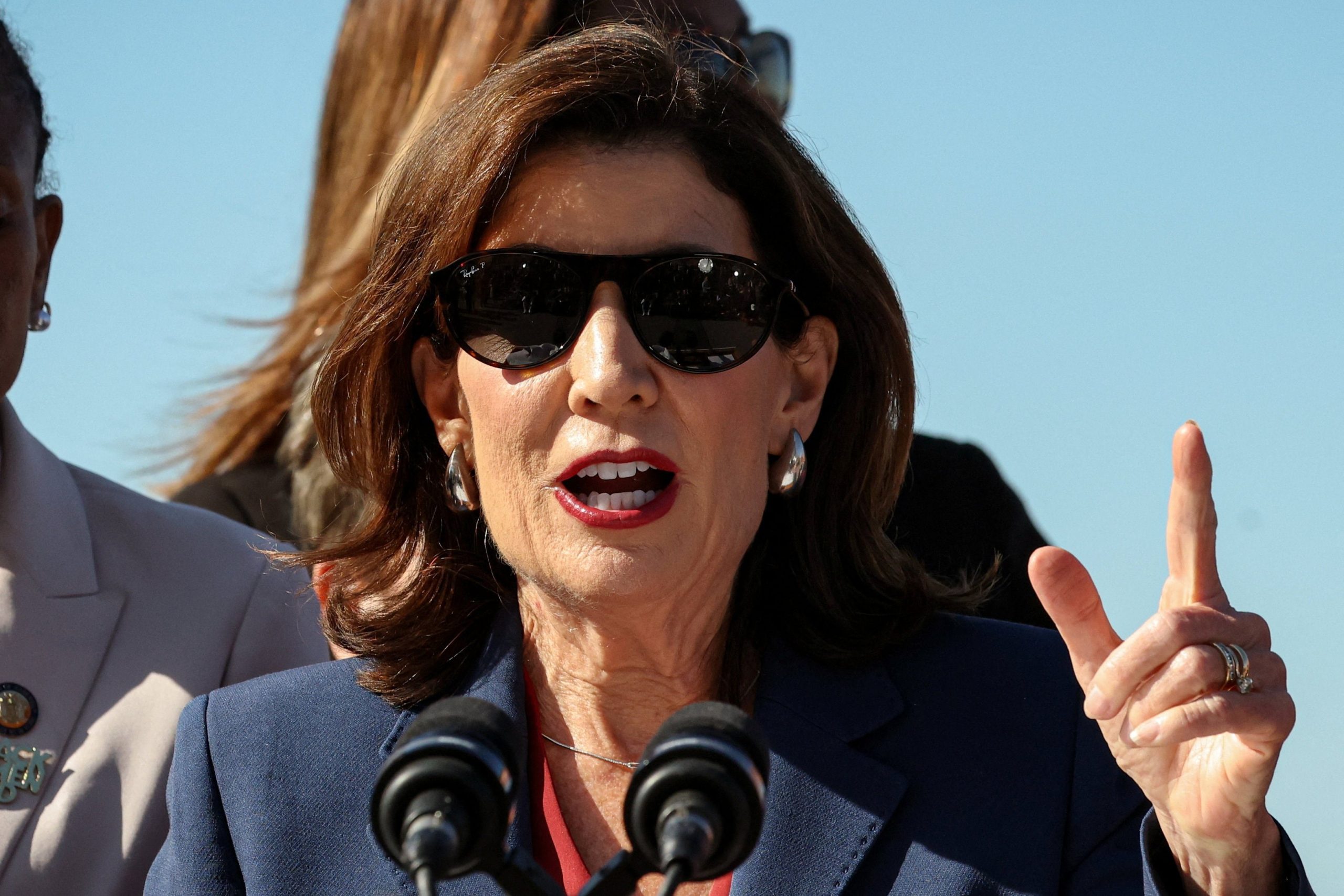 New York State Governor Kathy Hochul speaks during a news conference during the first day of a partial U.S. government shutdown in New York City, New York, U.S., October 1, 2025. REUTERS/Brendan McDermid