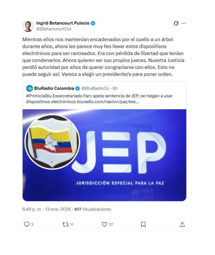 Con este mensaje, la candidata al Senado Ingrid Betancourt hizo pública su respuesta a los exmiembros del secretariado de las Farc, por la apelación a la sentencia por el macrocaso de los secuestros - crédito @Ibetancourtcol/X