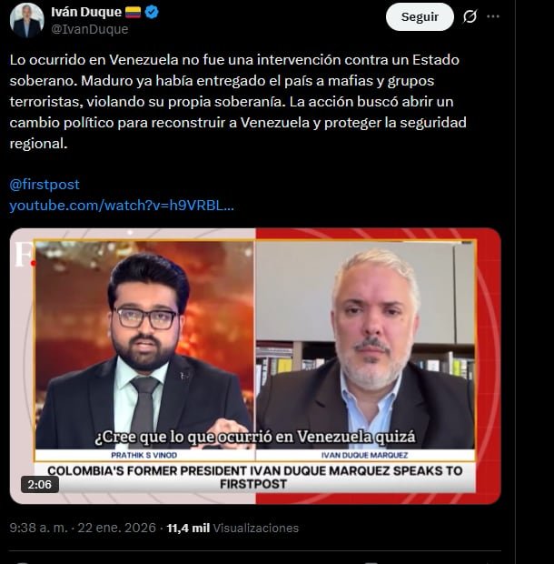 El exjefe de Estado sostuvo que el líder del régimen venezolano ponía en riesgo la seguridad regional - crédito @IvánDuque/X