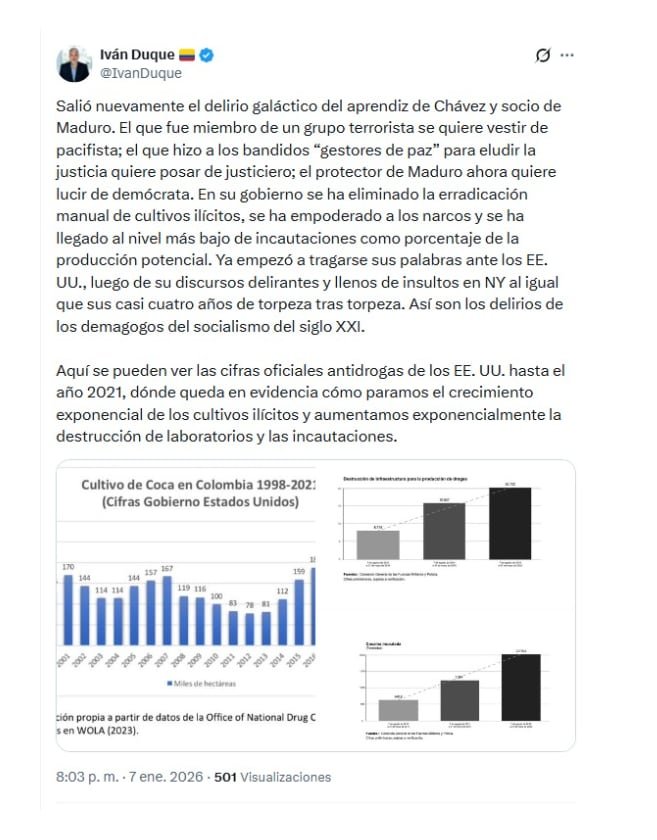 Con esta publicación en X, el expresidente Iván Duque le respondió a Gustavo Petro por señalamientos sobre el supuesto incremento en los cultivos de coca durante la pasada administración - crédito @IvanDuque/X
