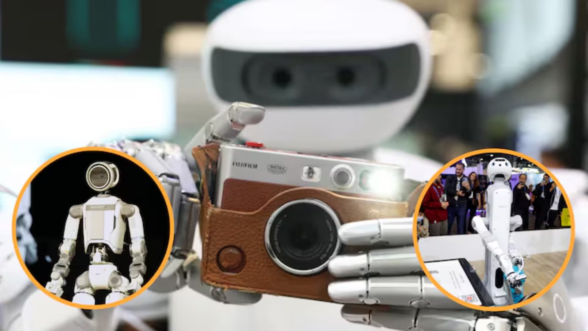 El robot North luce en la parte central de la imagen. (Composición Infobae: Patrick T. Fallon - AFP / Abbie Parr - AP / Caroline Brehman - AFP)