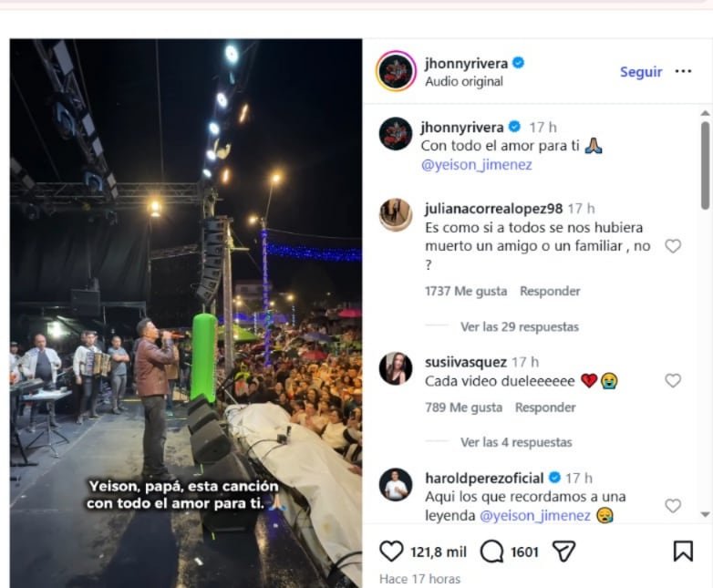 Jhonny Rivera dedico un sentido mensaje en redes sociales y sus seguidores se unieron al homenaje para Yeison Jiménez - crédito @jhonnyrivera/ Instagram